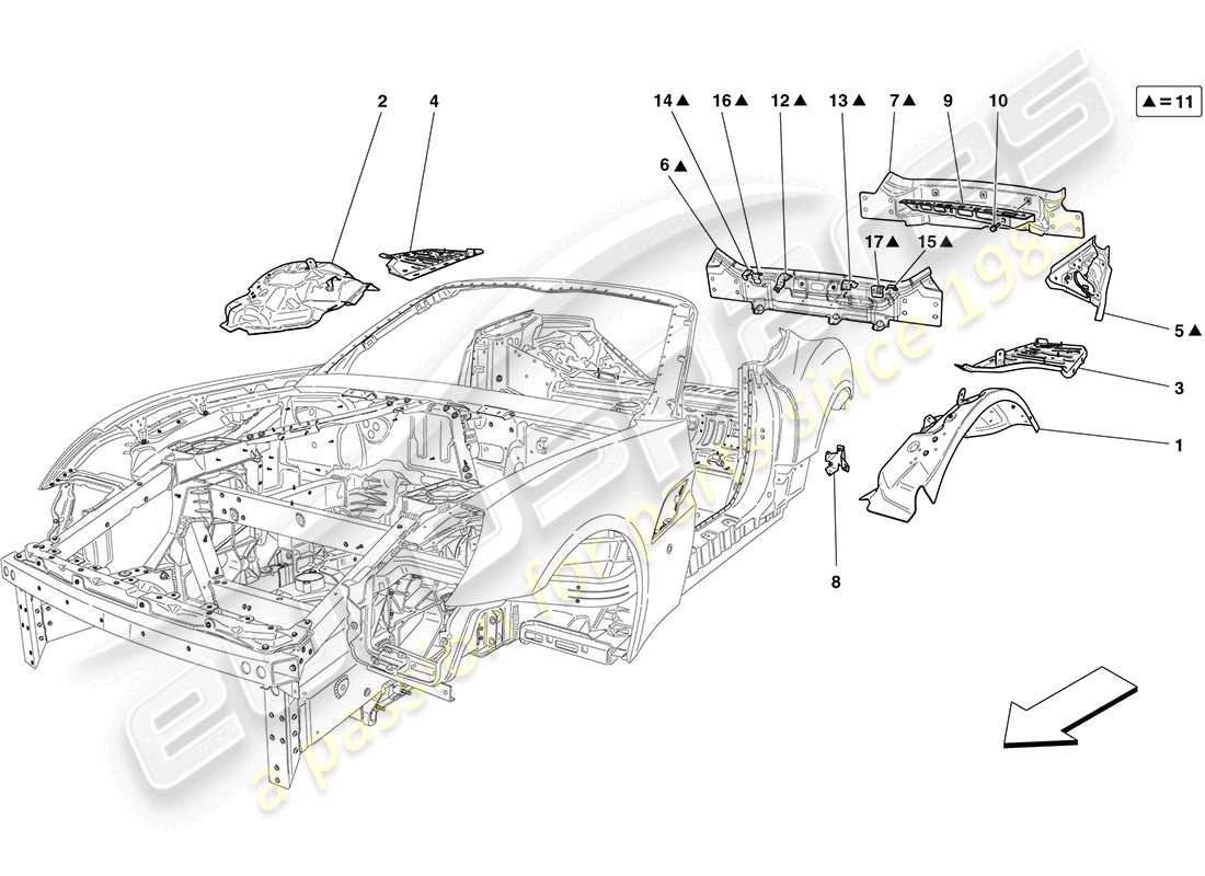 ferrari california (europe) scocca posteriore e rivestimento esterno diagramma delle parti