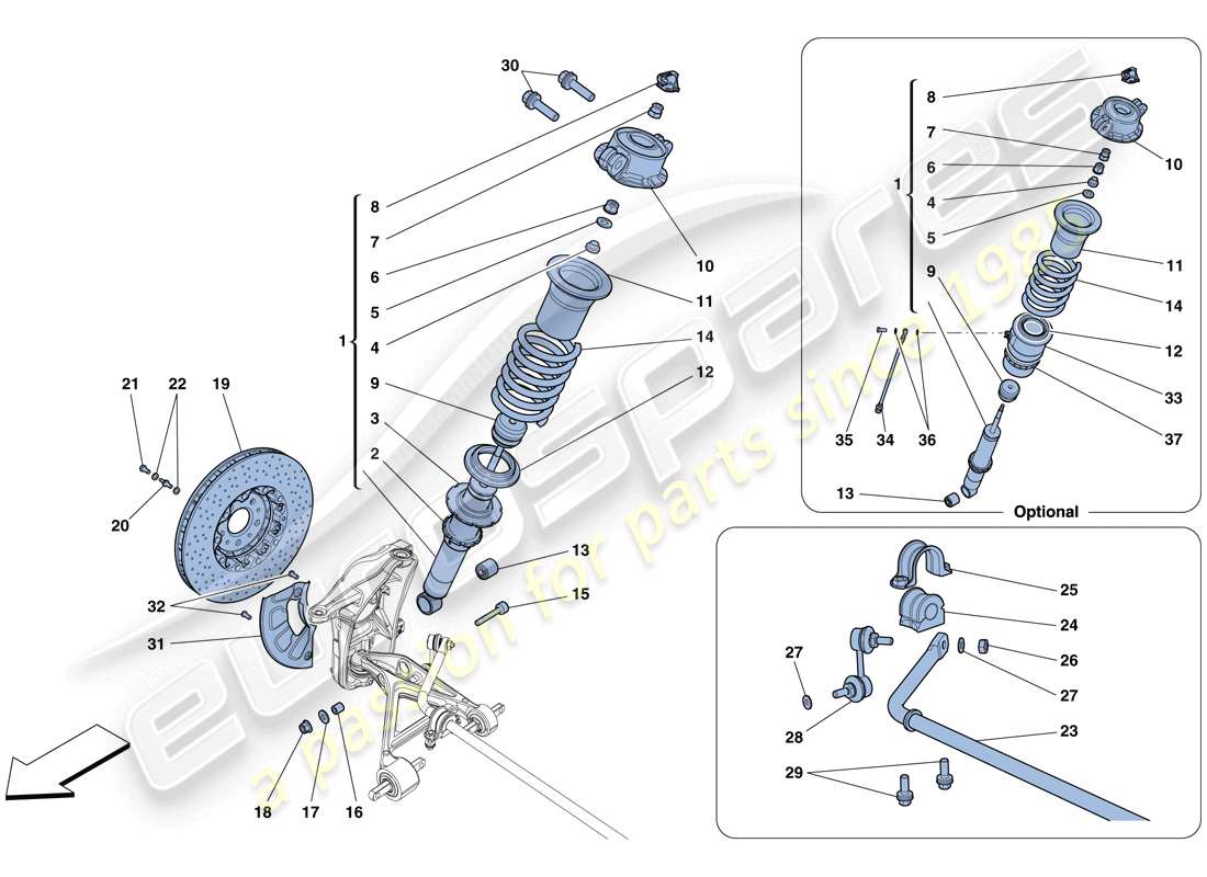 ferrari 458 italia (rhd) sospensione anteriore: ammortizzatore e disco freno diagramma delle parti
