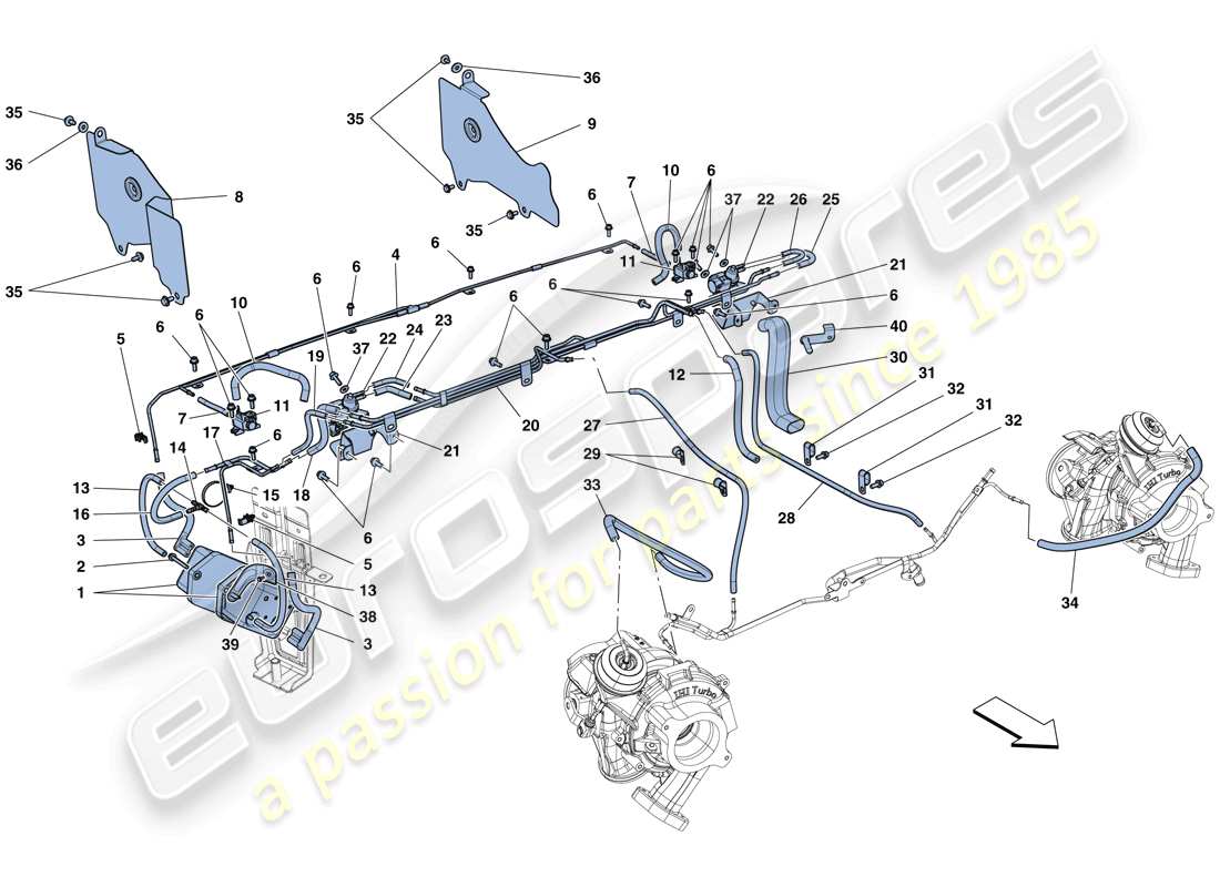 ferrari 488 gtb (rhd) regolazioni del sistema di turbocompressione diagramma delle parti
