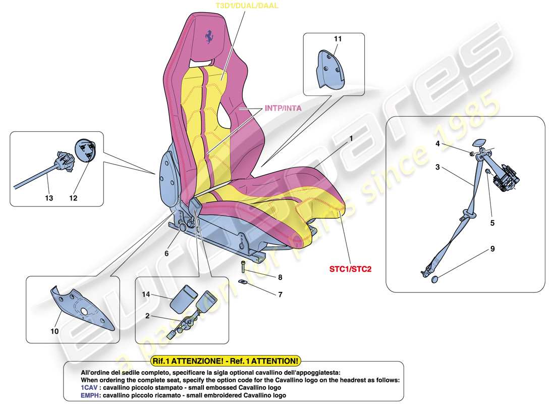 ferrari 458 speciale aperta (rhd) diagramma delle parti del sedile da corsa
