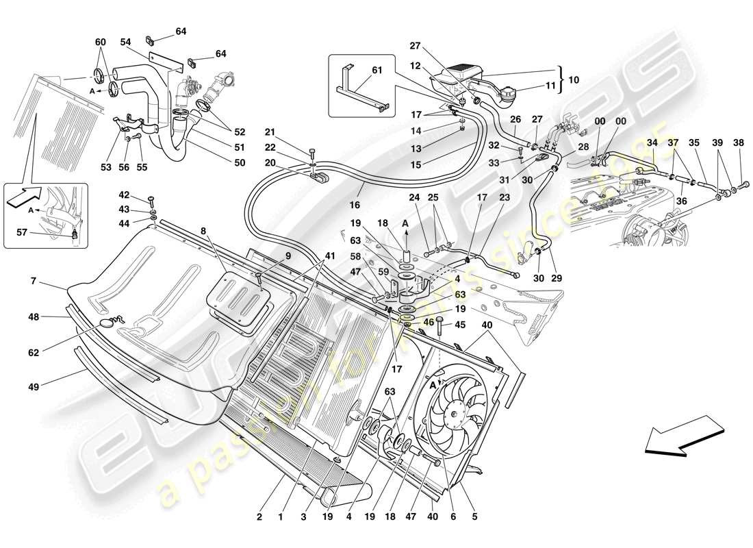 ferrari 599 gtb fiorano (rhd) sistema di raffreddamento - radiatore e serbatoio di colletzione schema delle parti