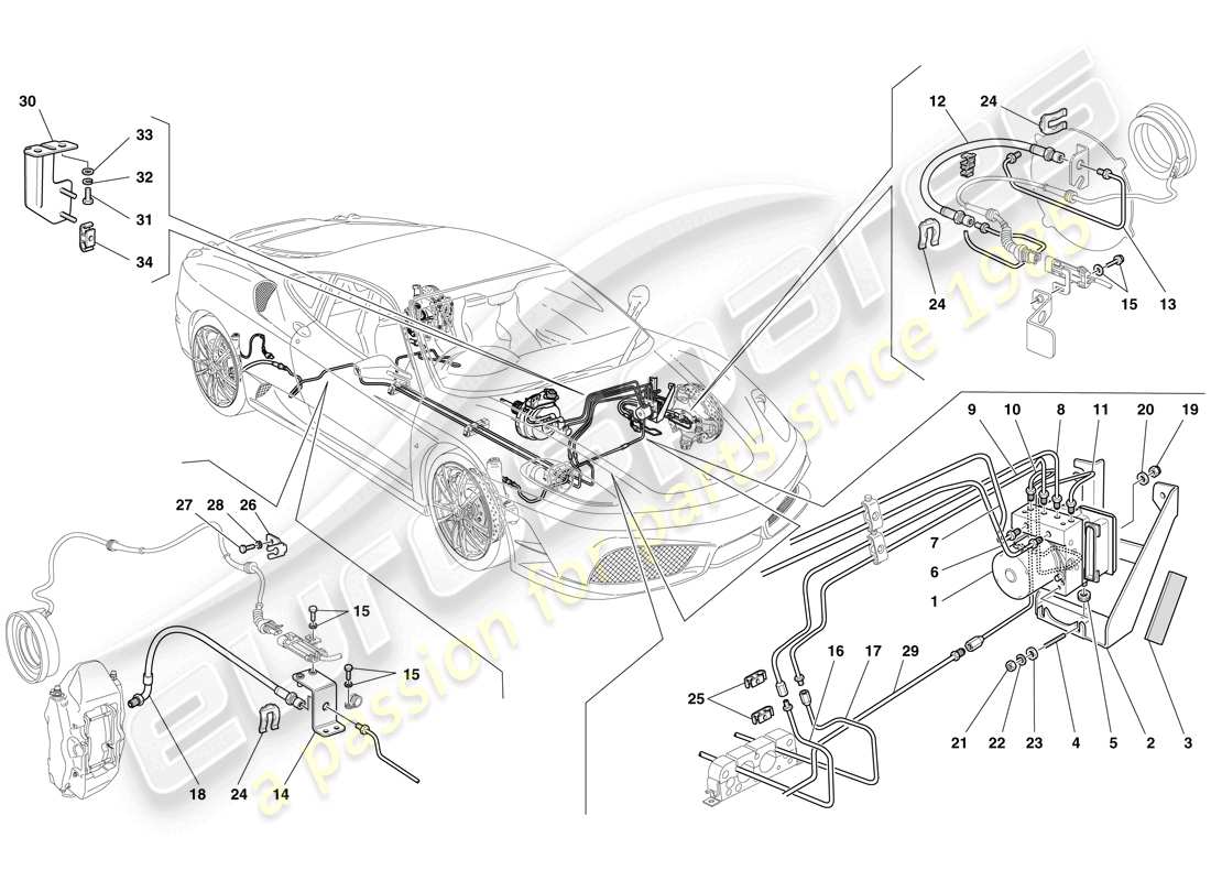 ferrari f430 scuderia (rhd) sistema di frenaggio diagramma delle parti