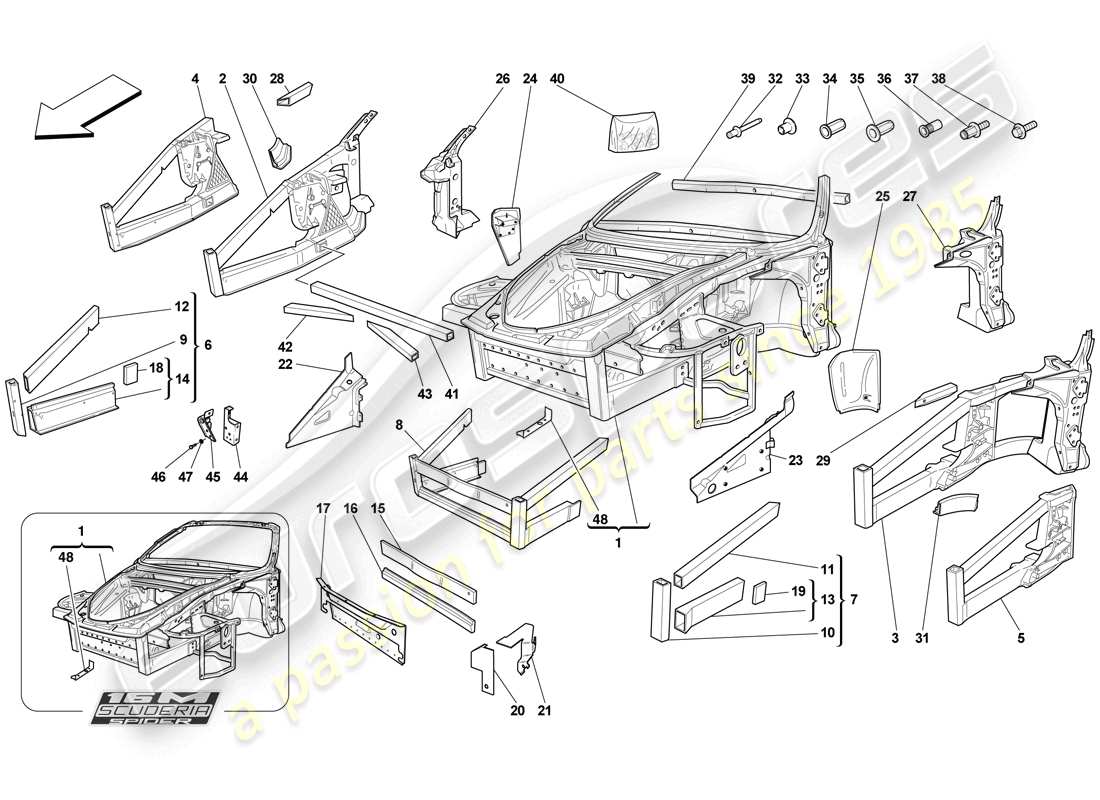 ferrari f430 scuderia (rhd) telaio - struttura, elementi anteriori e pannelli schema delle parti