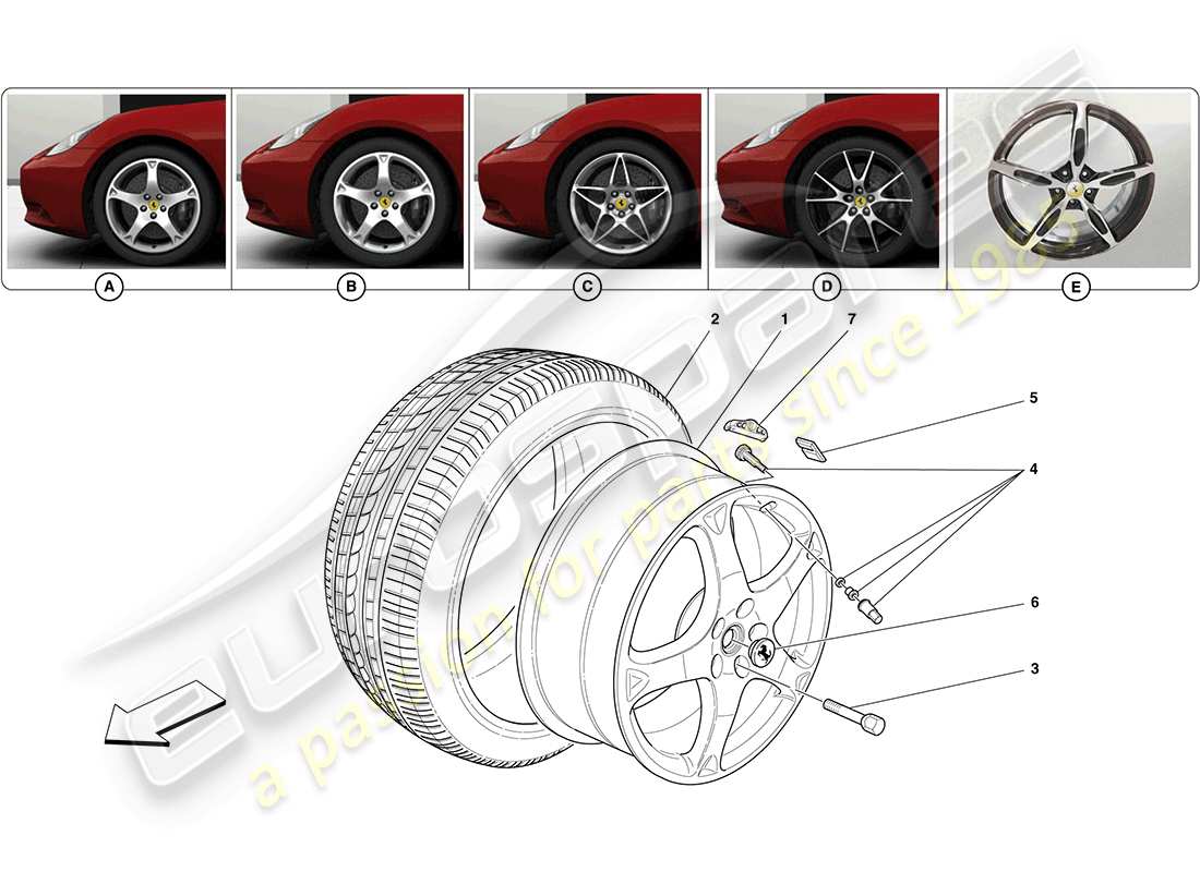 ferrari california (rhd) diagramma delle parti di ruote e pneumatici