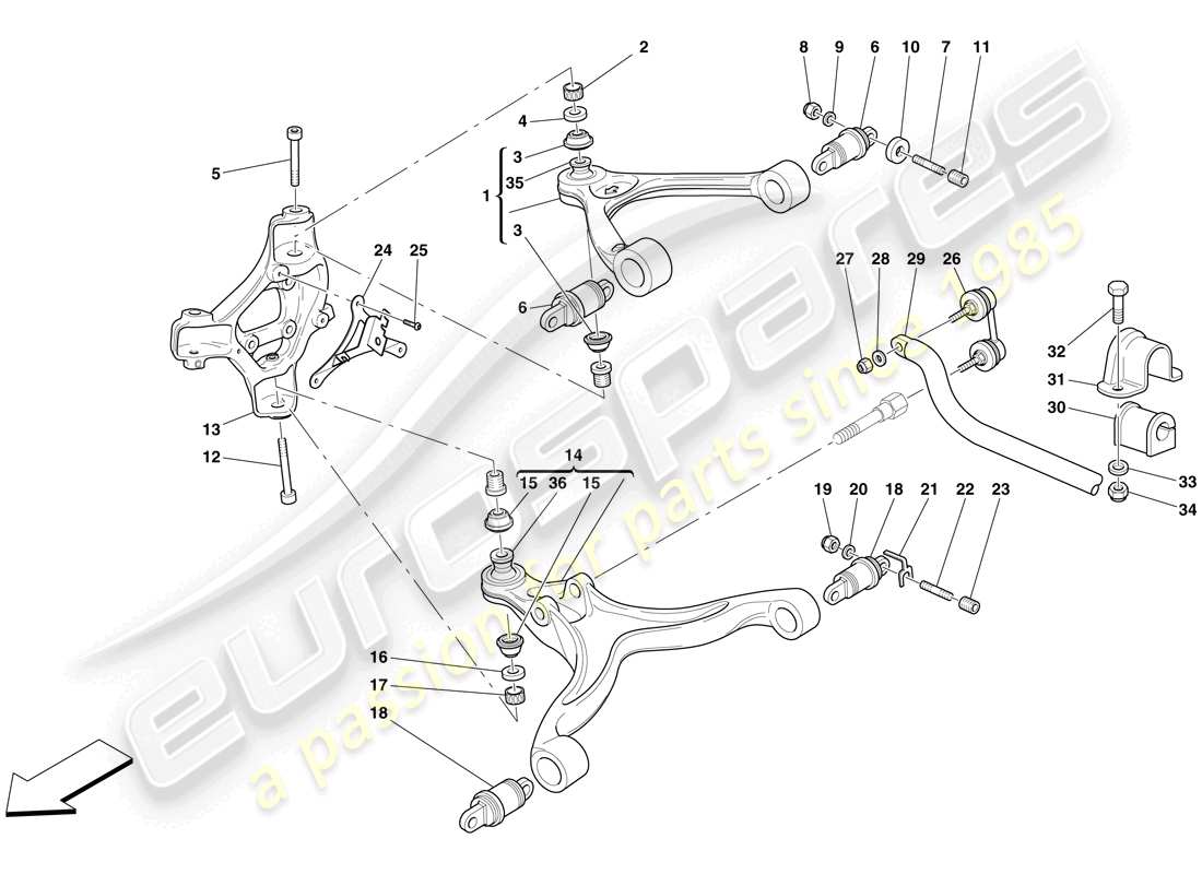 ferrari 599 gto (rhd) sospensione anteriore - bracci e barra stabilizzatrice diagramma delle parti