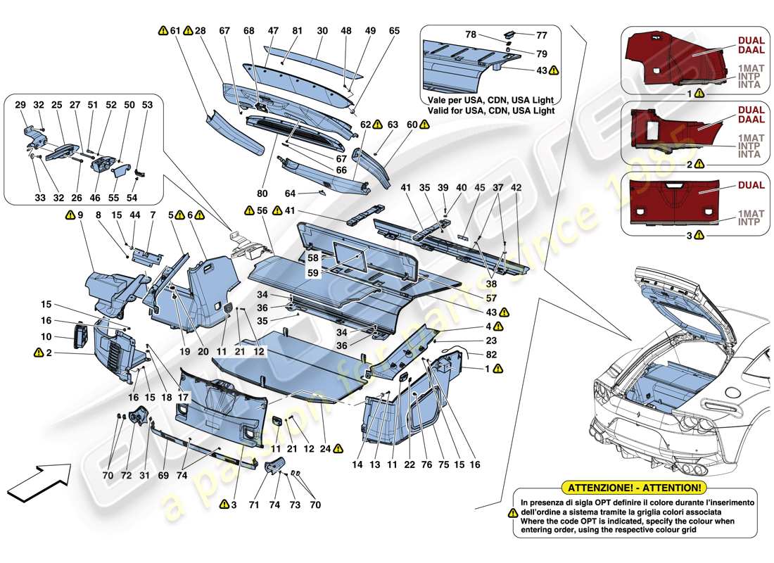 ferrari 812 superfast (usa) tappetini per vano bagagli diagramma delle parti