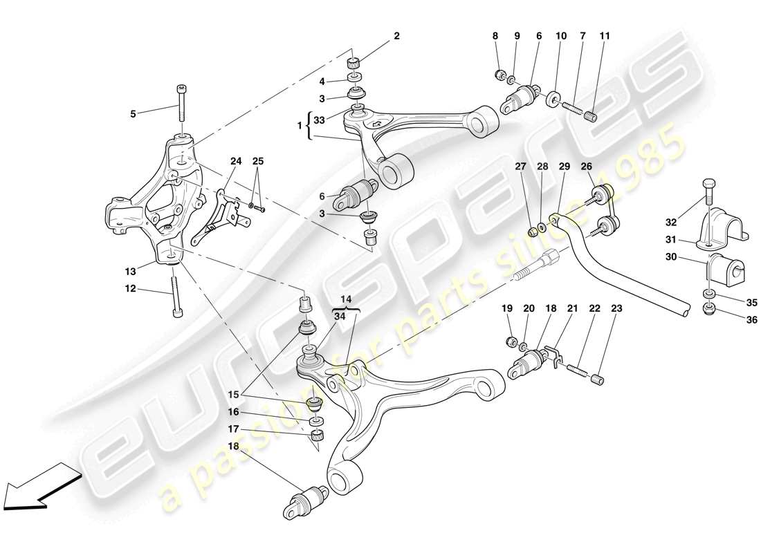 ferrari 612 scaglietti (rhd) sospensione anteriore - bracci e barra stabilizzatrice schema delle parti