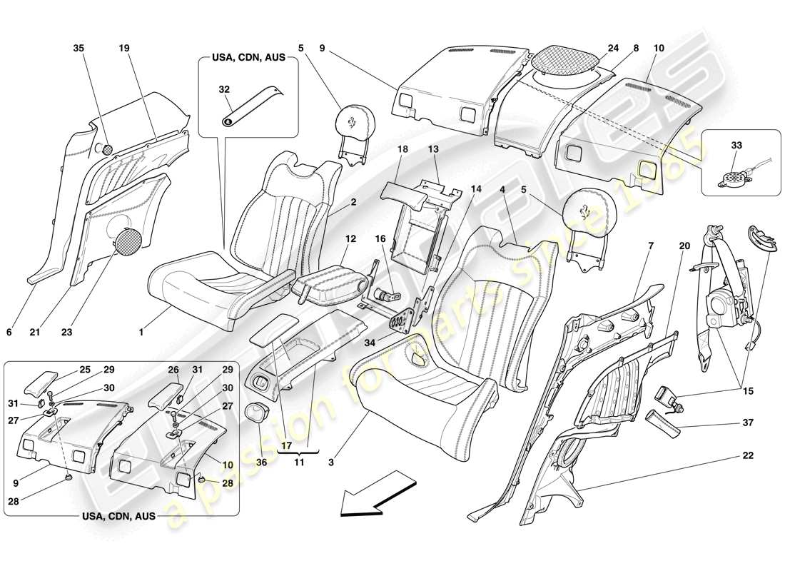 ferrari 612 sessanta (europe) sedile posteriore - cinture di sicurezza diagramma delle parti