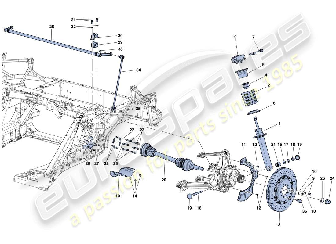 ferrari laferrari aperta (usa) sospensione posteriore - ammortizzatore e disco freno schema parte