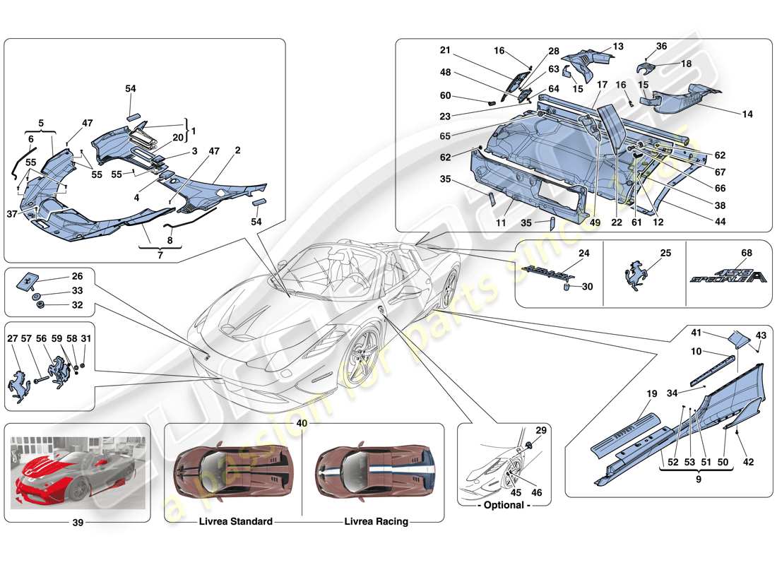 ferrari 458 speciale aperta (rhd) scudi - rivestimento esterno schema delle parti