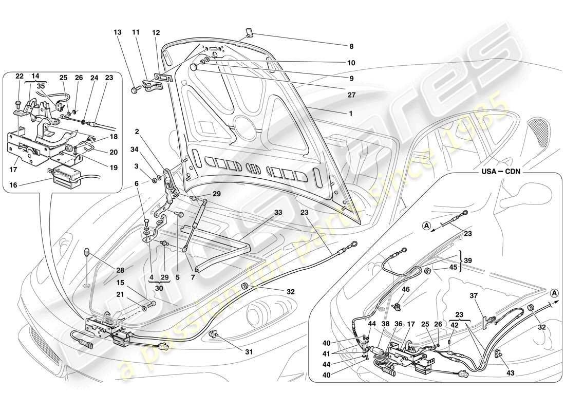 ferrari f430 scuderia (rhd) coperchio anteriore e meccanismo di apertura schema delle parti