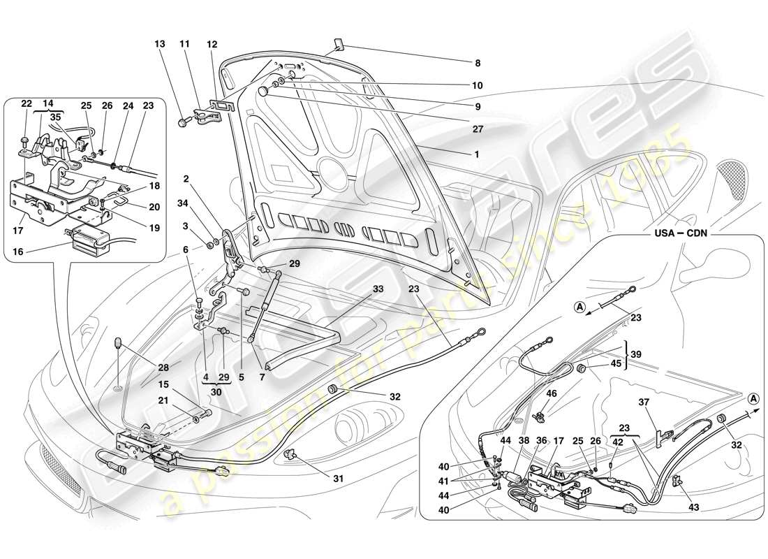 ferrari f430 scuderia (europe) coperchio anteriore e meccanismo di apertura diagramma delle parti