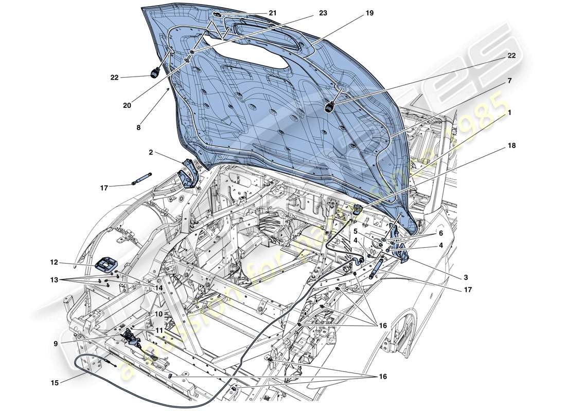ferrari f12 berlinetta (rhd) coperchio anteriore e meccanismo di apertura diagramma delle parti