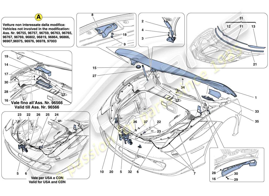 ferrari 458 italia (usa) coperchio anteriore e meccanismo di apertura diagramma delle parti