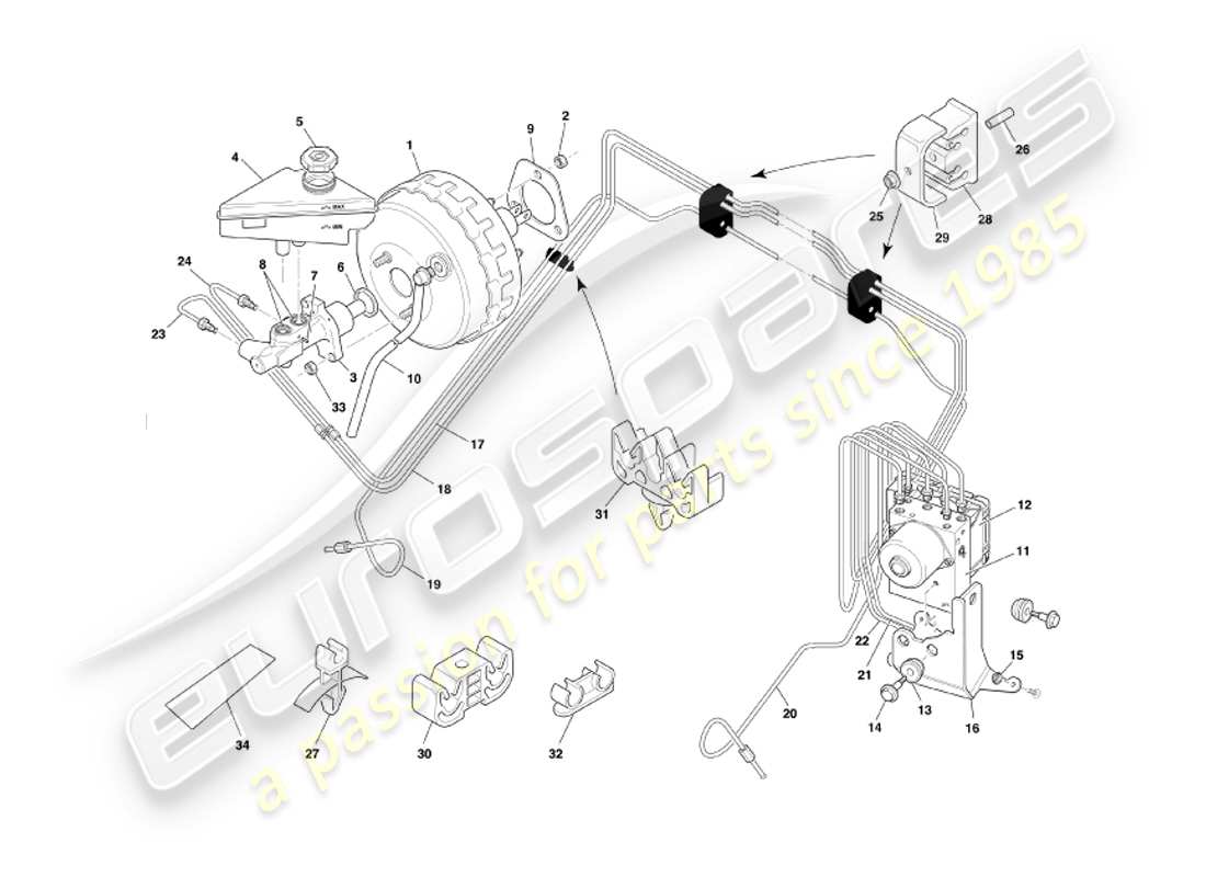 aston martin db7 vantage (2002) diagramma delle parti del servofreno e del modulatore