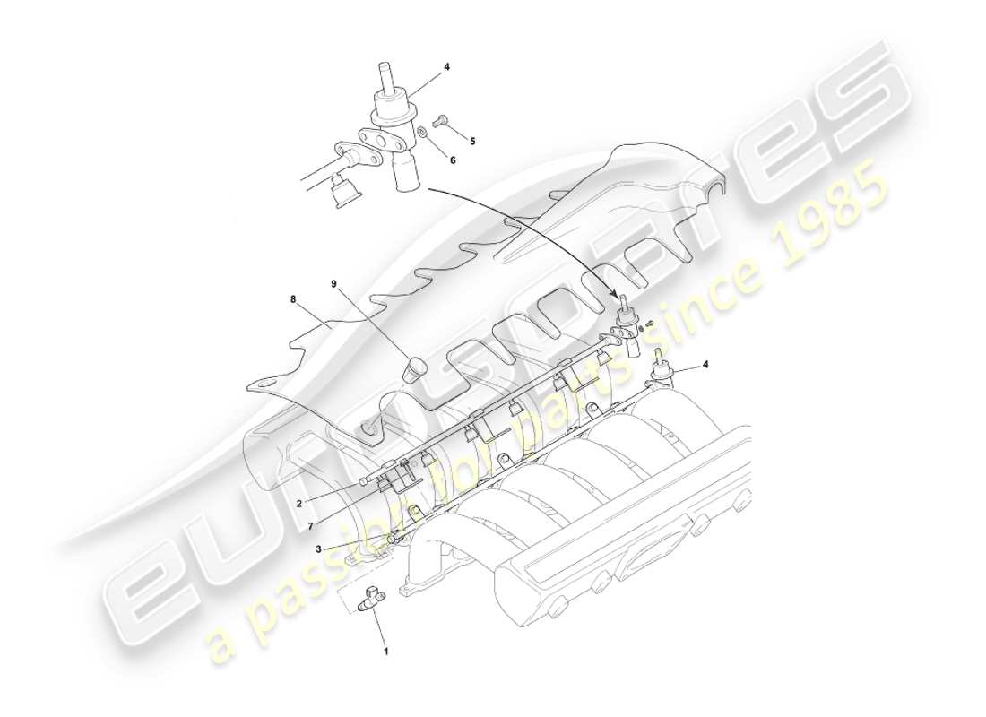 aston martin db7 vantage (2000) diagramma delle parti dei rail e degli iniettori del carburante