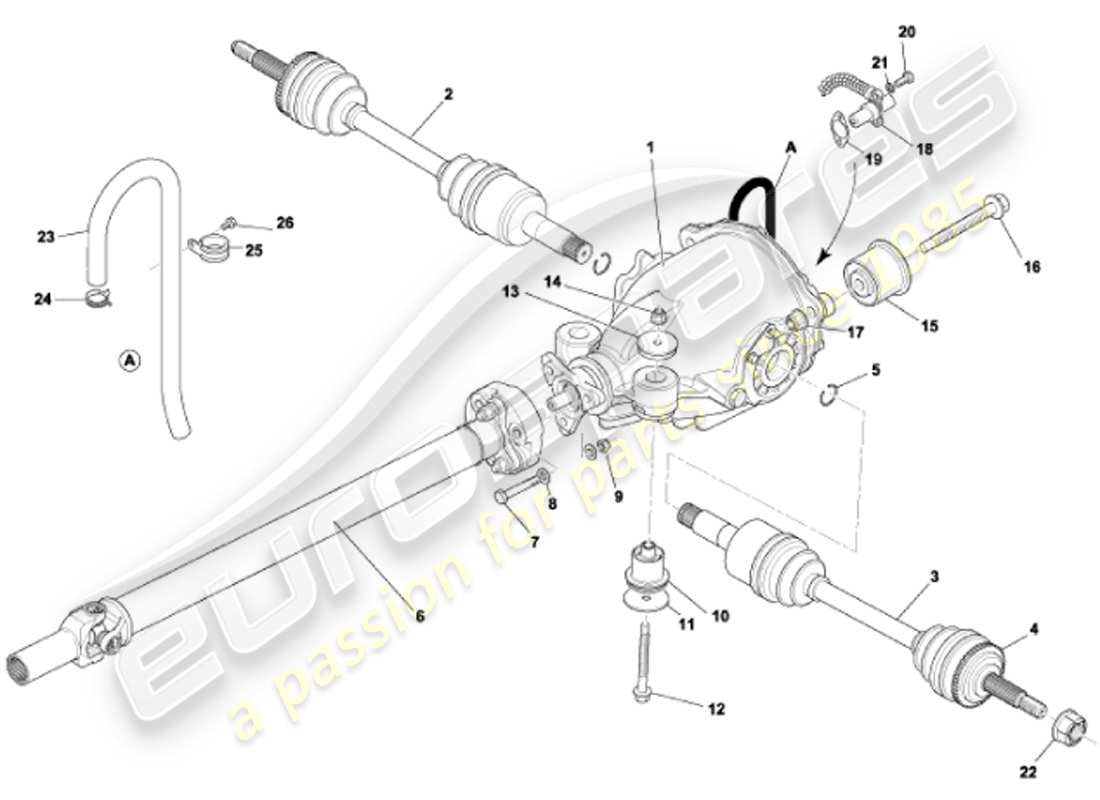aston martin vanquish (2001) diagramma delle parti del gruppo differenziale, trasmissione e alberi di trasmissione