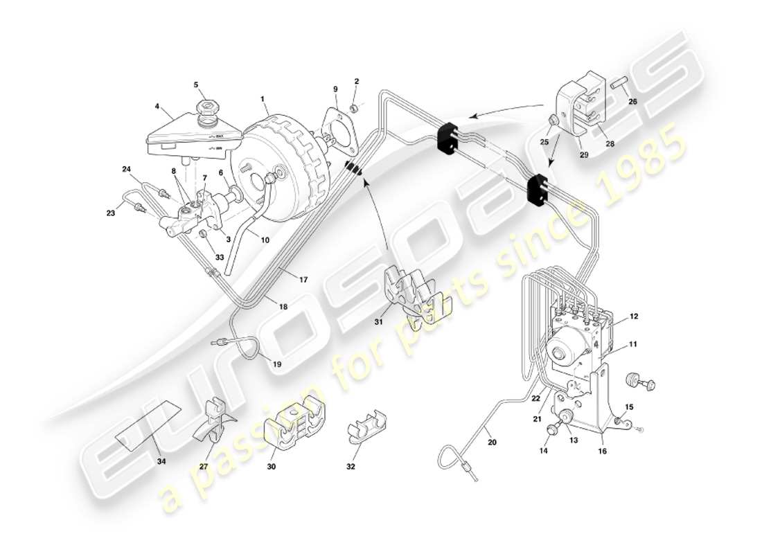 aston martin db7 vantage (2004) diagramma delle parti del servofreno e del modulatore