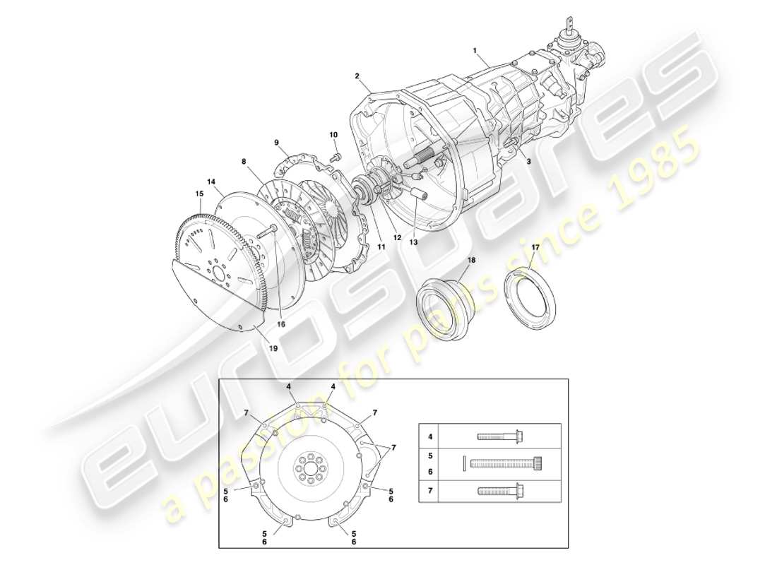 aston martin db7 vantage (2002) schema delle parti del cambio manuale e della frizione