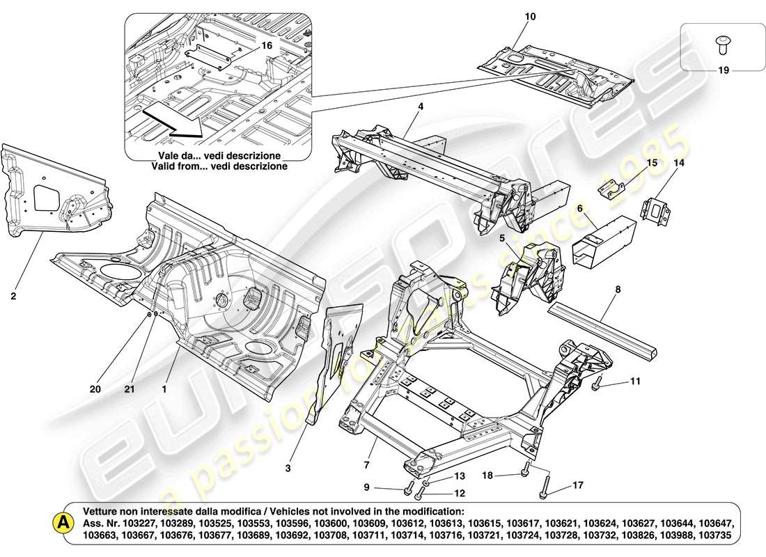 ferrari california (rhd) strutture posteriori e sezioni del cassonato del telaio schema delle parti