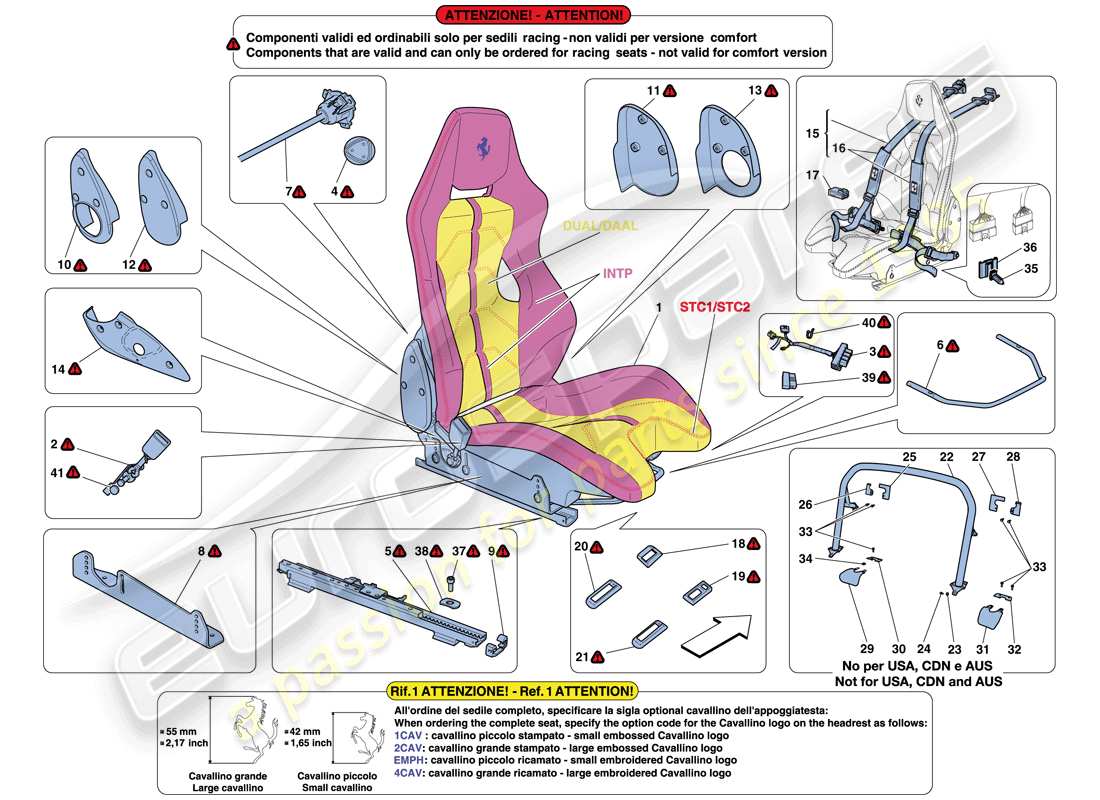 ferrari 458 italia (usa) diagramma delle parti del sedile da corsa