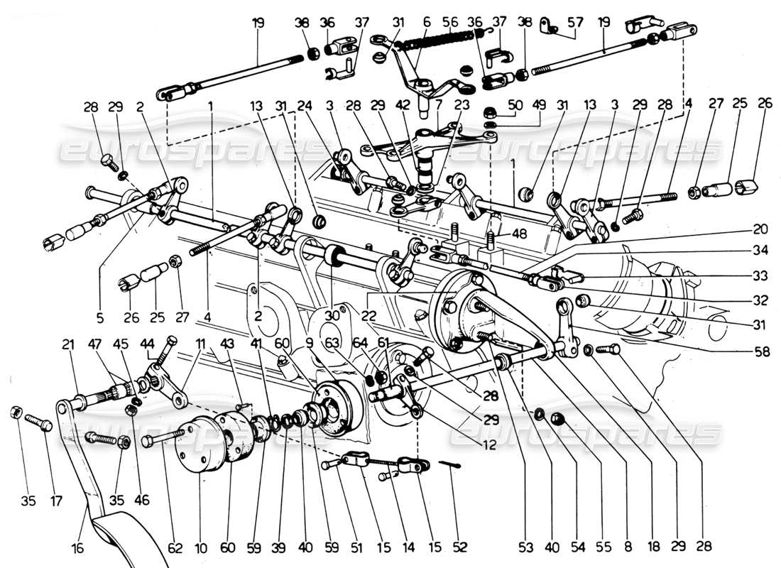 ferrari 365 gtc4 (mechanical) collegamento dell'acceleratore - diagramma delle parti di revisione