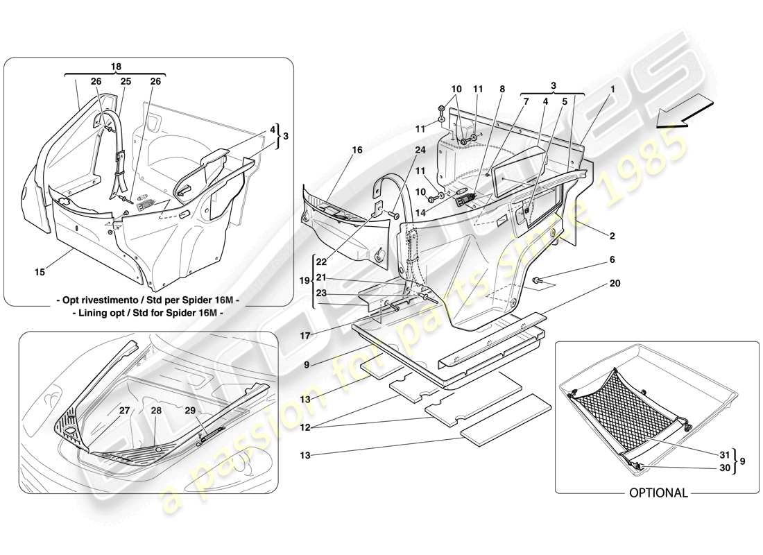 ferrari f430 scuderia (rhd) rivestimento vano anteriore schema delle parti