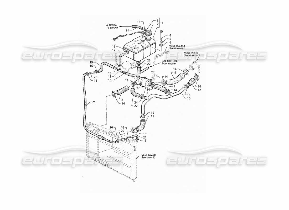 maserati qtp v8 (1998) schema delle parti della scatola del sistema di raffreddamento del motore e del termostato