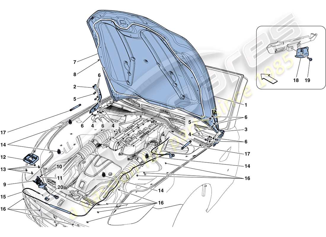 ferrari ff (rhd) coperchio anteriore e meccanismo di apertura diagramma delle parti