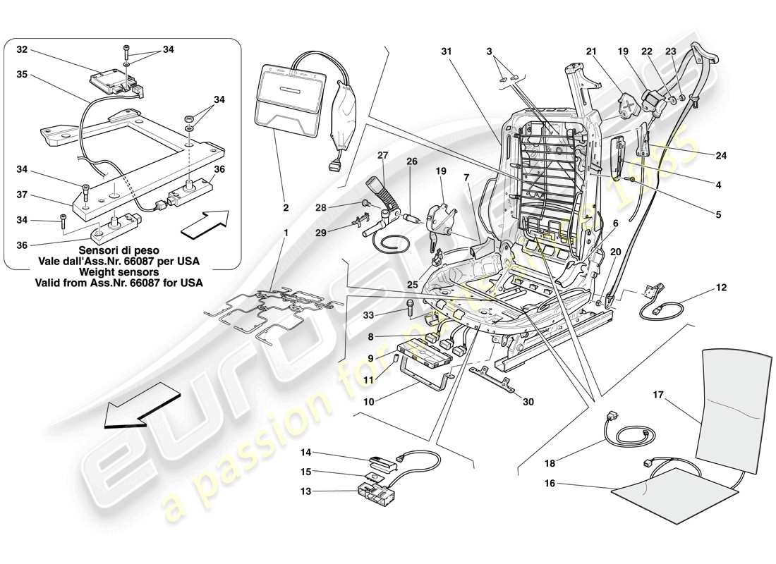 ferrari 612 sessanta (rhd) sedile anteriore elettrico - cinture di sicurezza e dispositivi schema parte