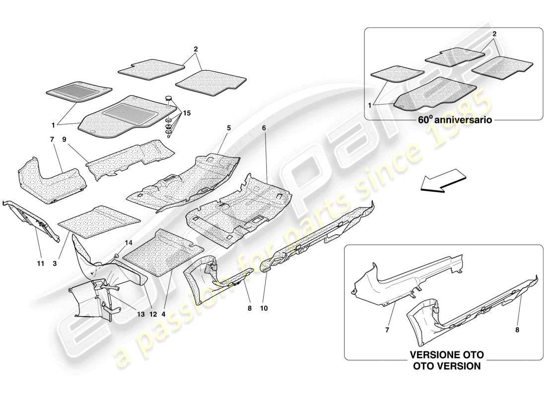 ferrari 612 sessanta (usa) rivestimenti e tappeti abitacolo passeggero diagramma delle parti