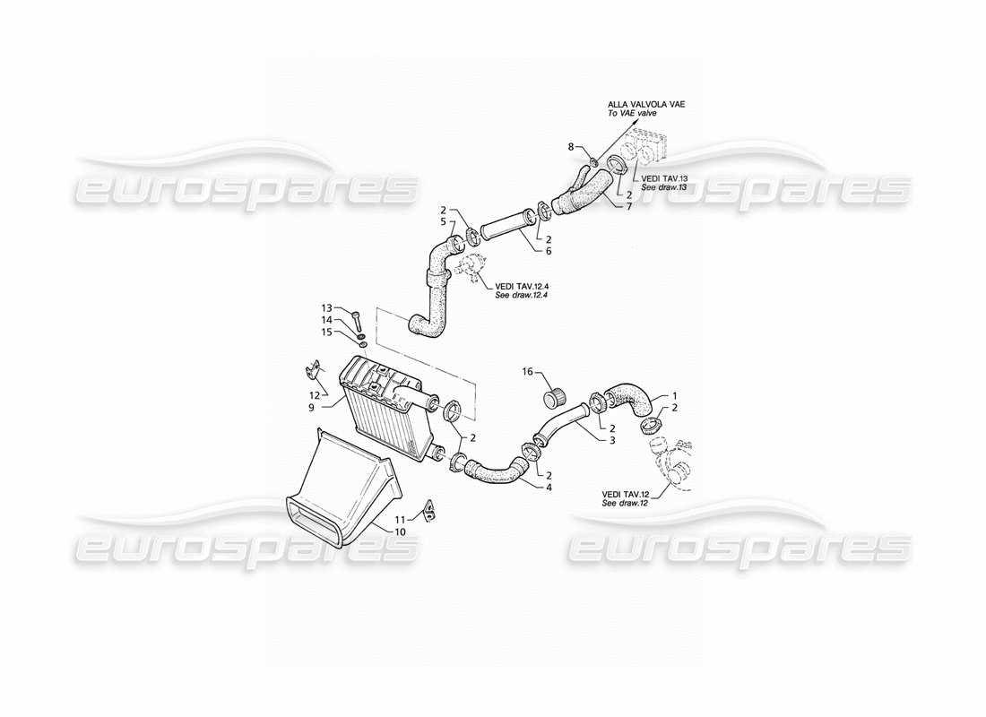 maserati qtp v8 (1998) scambiatore di calore - tubi - schema della parte lato destro