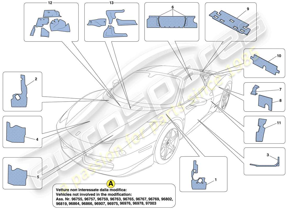 uno schema delle parti dal catalogo delle parti di Ferrari 458 Italia (USA).