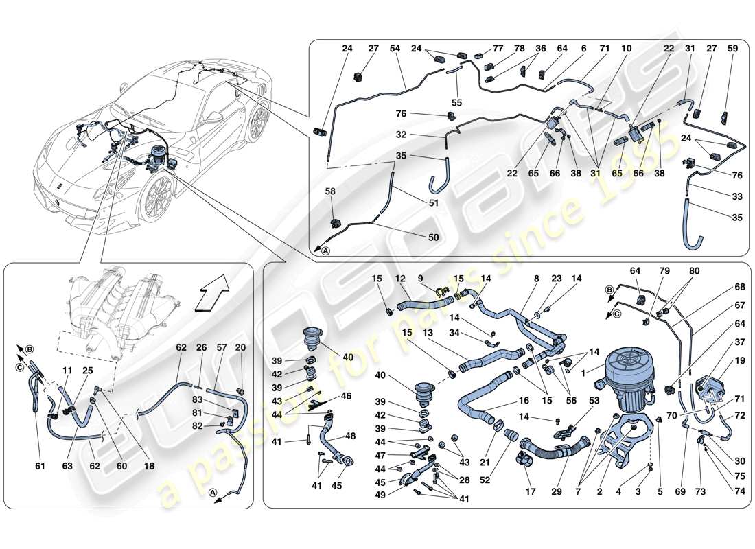 ferrari f12 tdf (rhd) schema delle parti del sistema d'aria secondaria