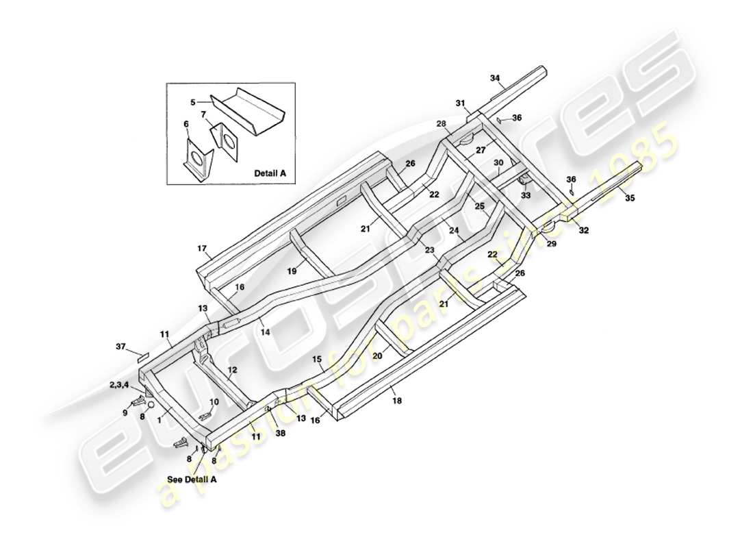 aston martin v8 coupe (1999) diagramma delle parti del telaio del telaio