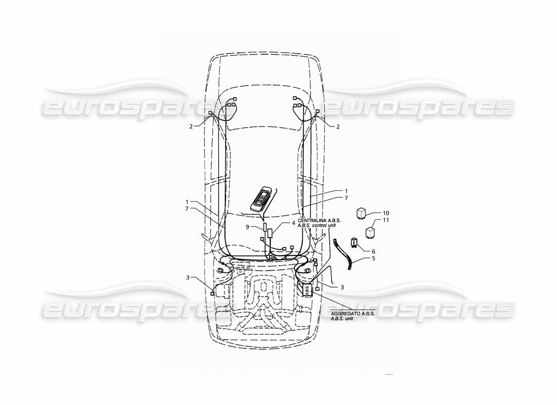 maserati qtp. 3.2 v8 (1999) impianto elettrico: schema delle parti dell'abs e delle sospensioni "koni" (guida a destra).