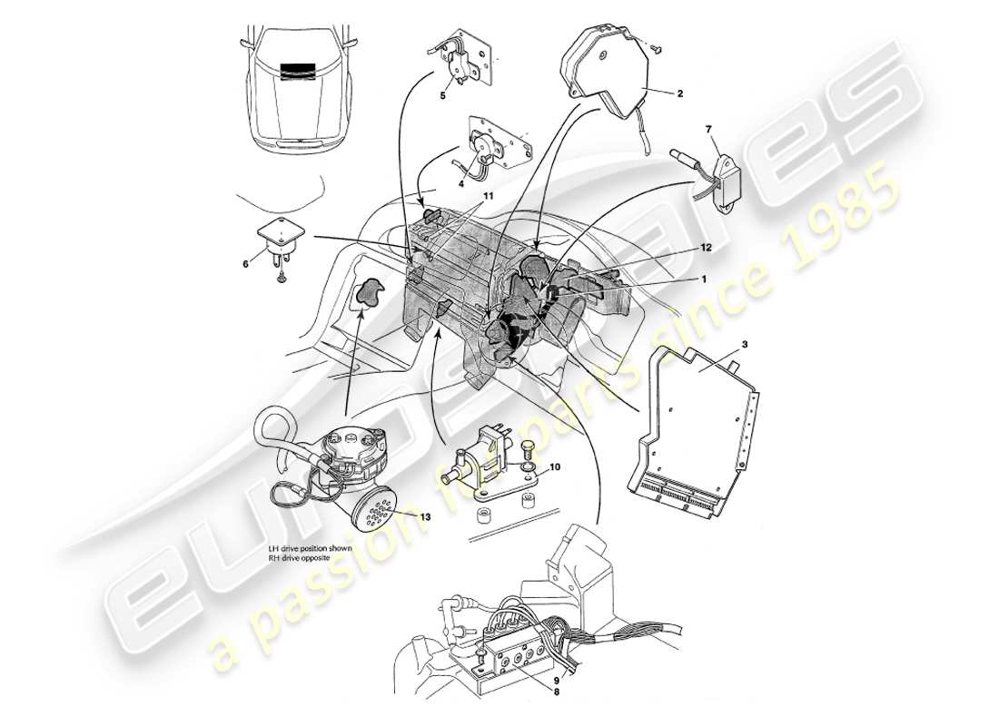 aston martin v8 coupe (1999) diagramma delle parti di sensori, interruttori, solenoidi, motori ecc