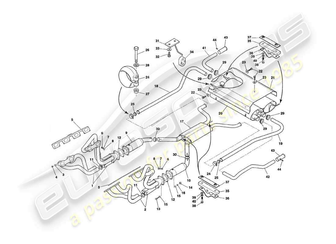 aston martin v8 coupe (2000) diagramma delle parti del sistema di scarico