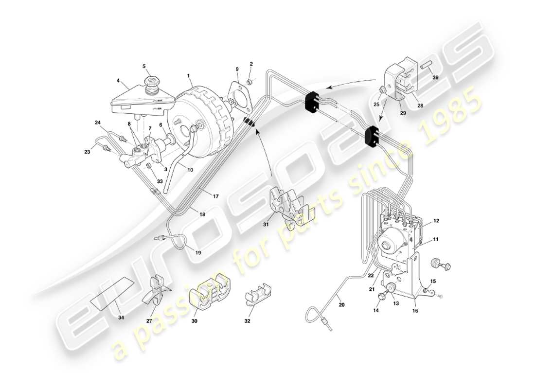 aston martin db7 vantage (2001) diagramma delle parti del servofreno e del modulatore