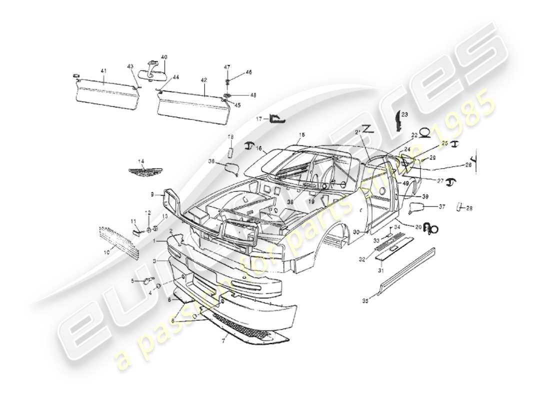 aston martin v8 virage (1999) corpo, anteriore diagramma delle parti