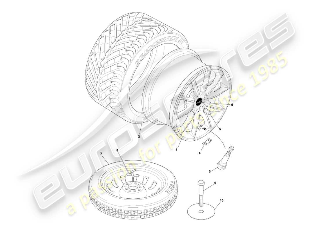 aston martin db7 vantage (2001) diagramma delle parti di ruote e pneumatici