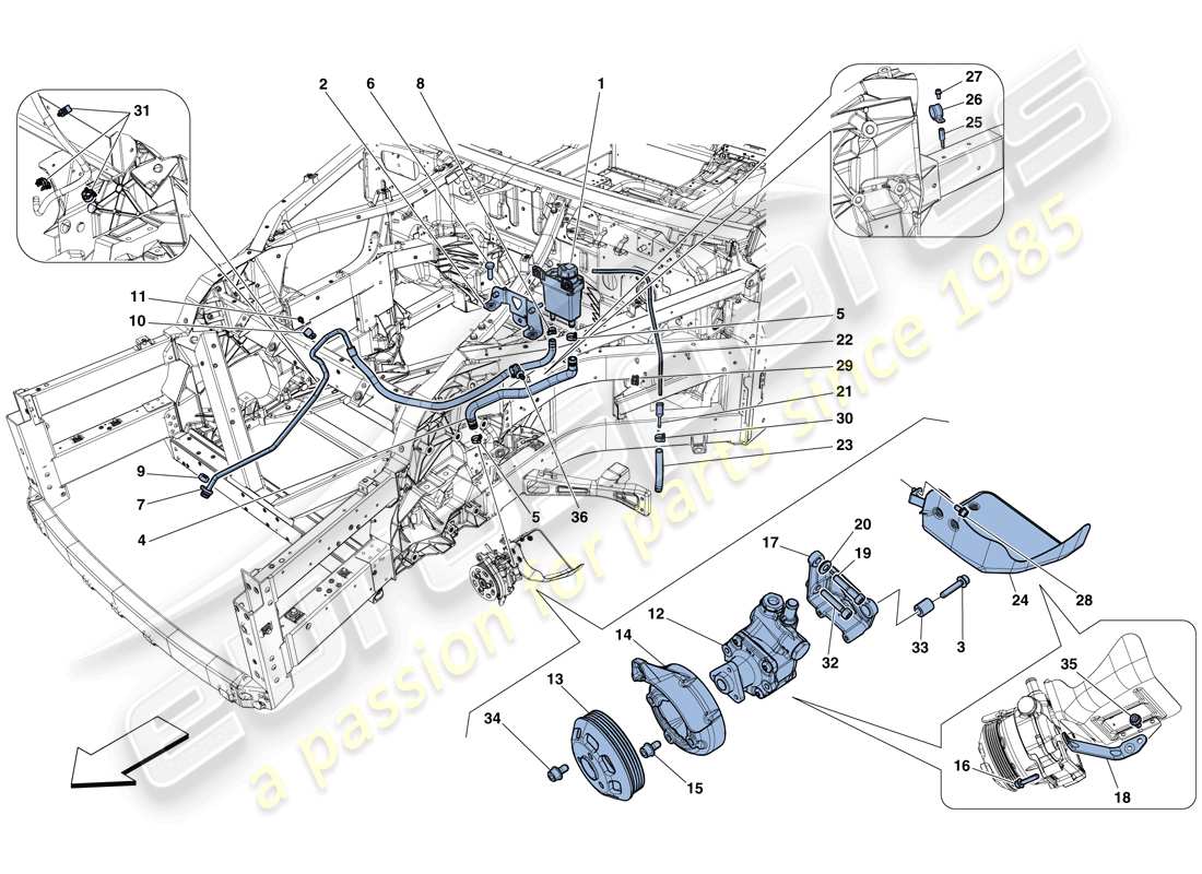 ferrari f12 tdf (usa) pompa del servosterzo e serbatoio schema delle parti