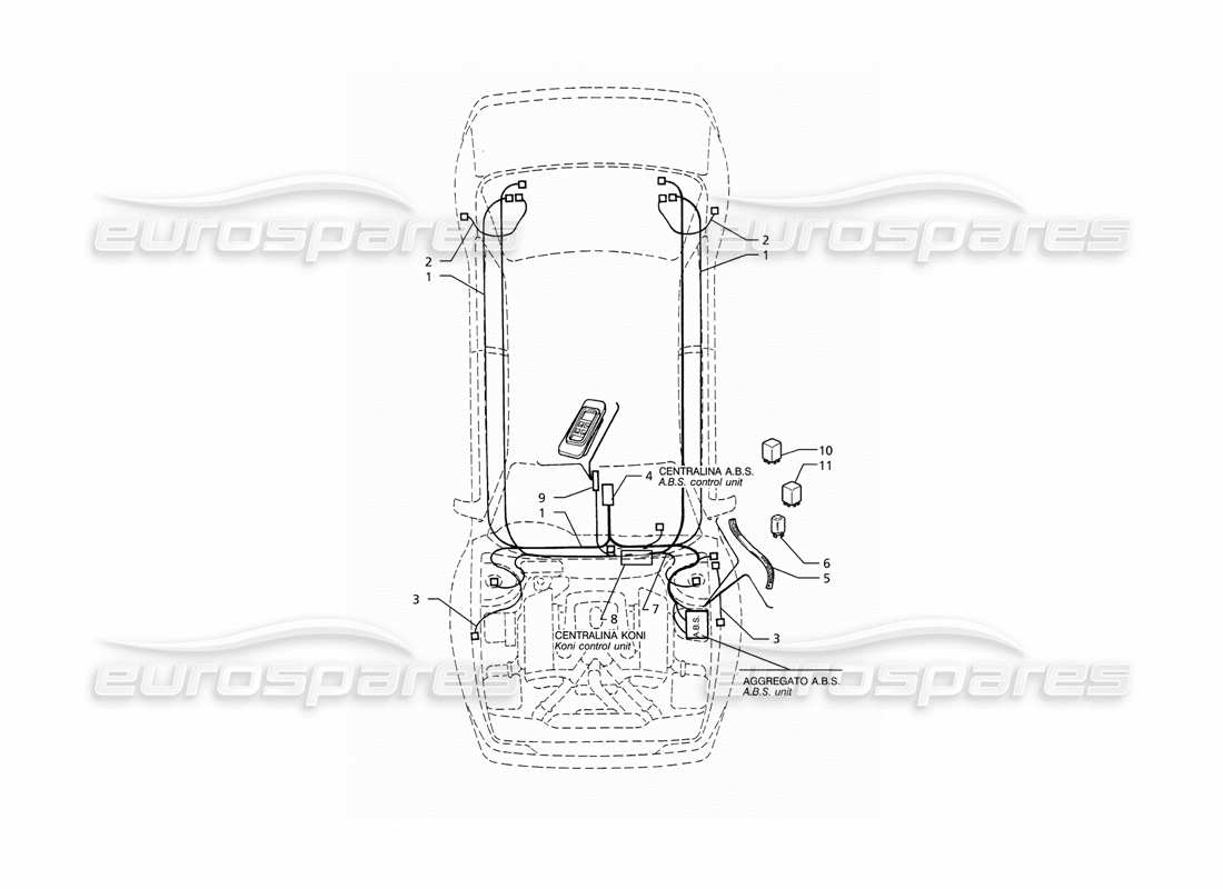maserati ghibli 2.8 (abs) impianto elettrico: schema delle parti dell'abs e delle sospensioni "koni" (guida a destra).