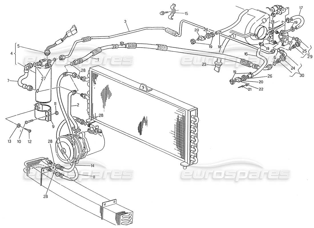 maserati 222 / 222e biturbo schema delle parti del sistema di climatizzazione dello sterzo destro (premodifica).