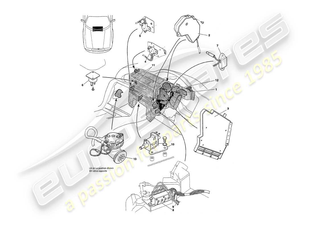 aston martin v8 coupe (2000) diagramma delle parti di sensori, interruttori, solenoidi, motori ecc