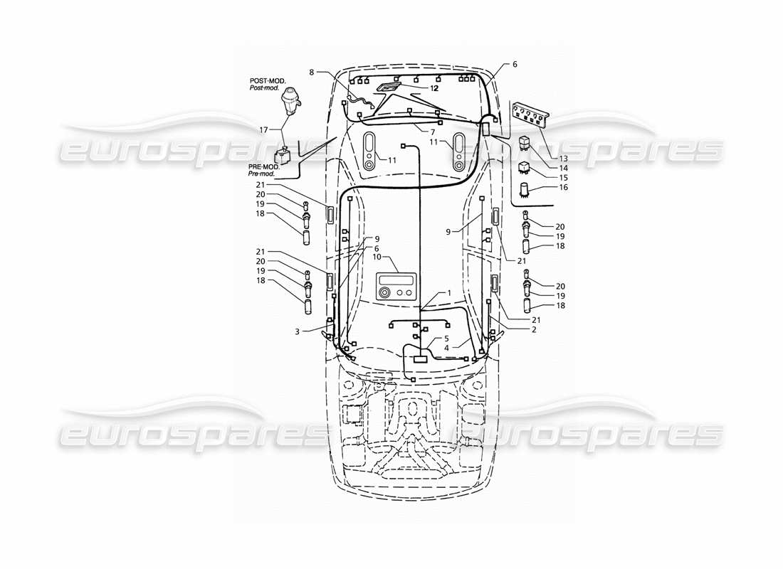 maserati qtp. 3.2 v8 (1999) impianto elettrico: schema delle parti del bagagliaio - porte - abitacolo (guida a destra).