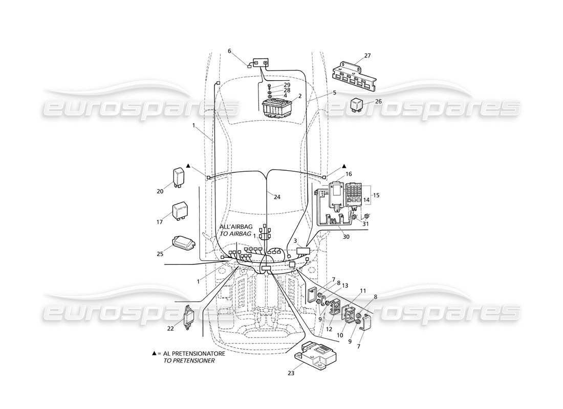 maserati qtp v8 evoluzione elec. sistema: diagramma delle parti del cruscotto e della batteria (guida a destra).