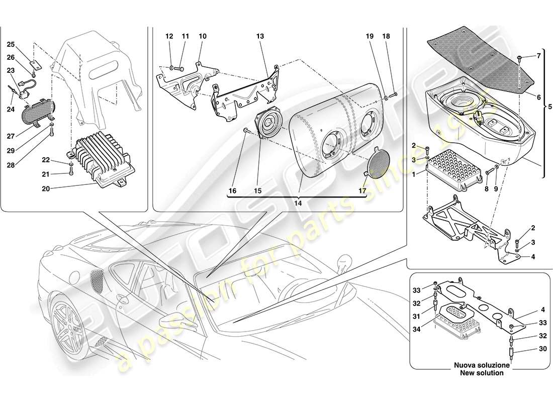 ferrari f430 coupe (rhd) sistema hi fi bose ad alta potenza diagramma delle parti