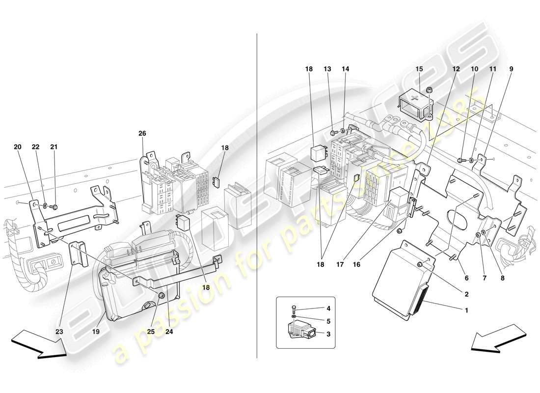 ferrari f430 scuderia (rhd) schema delle parti della centralina elettronica abitacolo posteriore