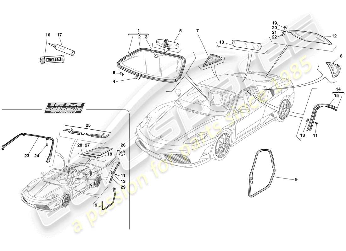 ferrari f430 scuderia spider 16m (europe) schermi, finestre e guarnizioni schema delle parti